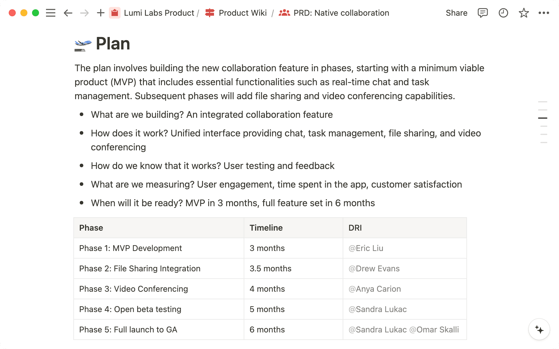 Collaboration is key. Mention DRIs in your proposed plan to assign tasks and set dates and keep everyone on the same page.